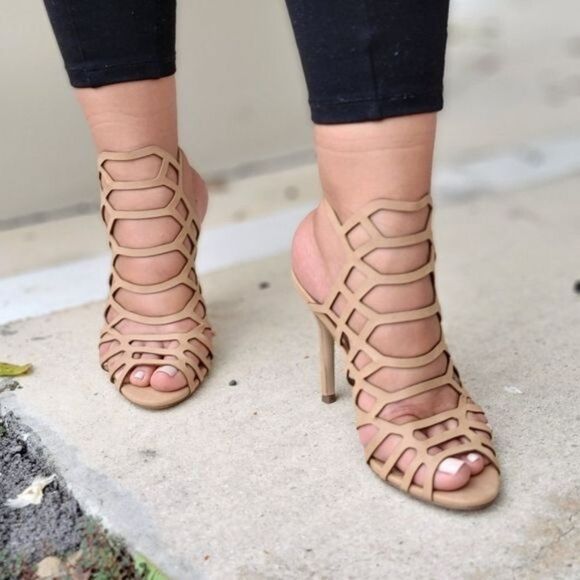 Women's Slingback Stiletto Sandal Peep Toe Hollow Beige Color - Picture 3 of 4